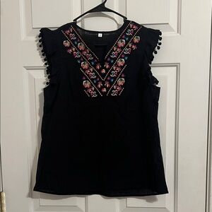 Embroidered Black Sleeveless Top